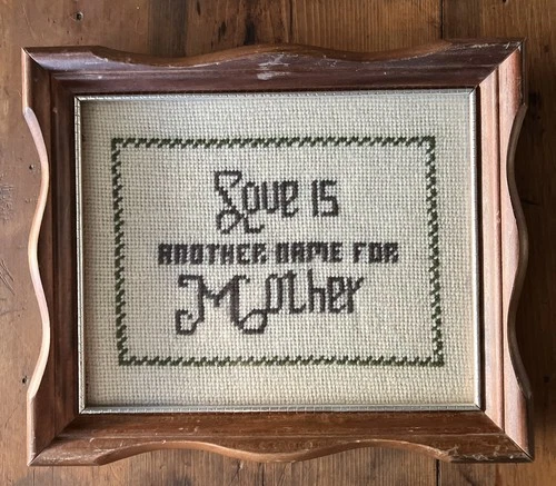VTG Framed Chunky Yarn Cross Stitch Sampler LOVE IS ANOTHER NAME FOR MOTHER