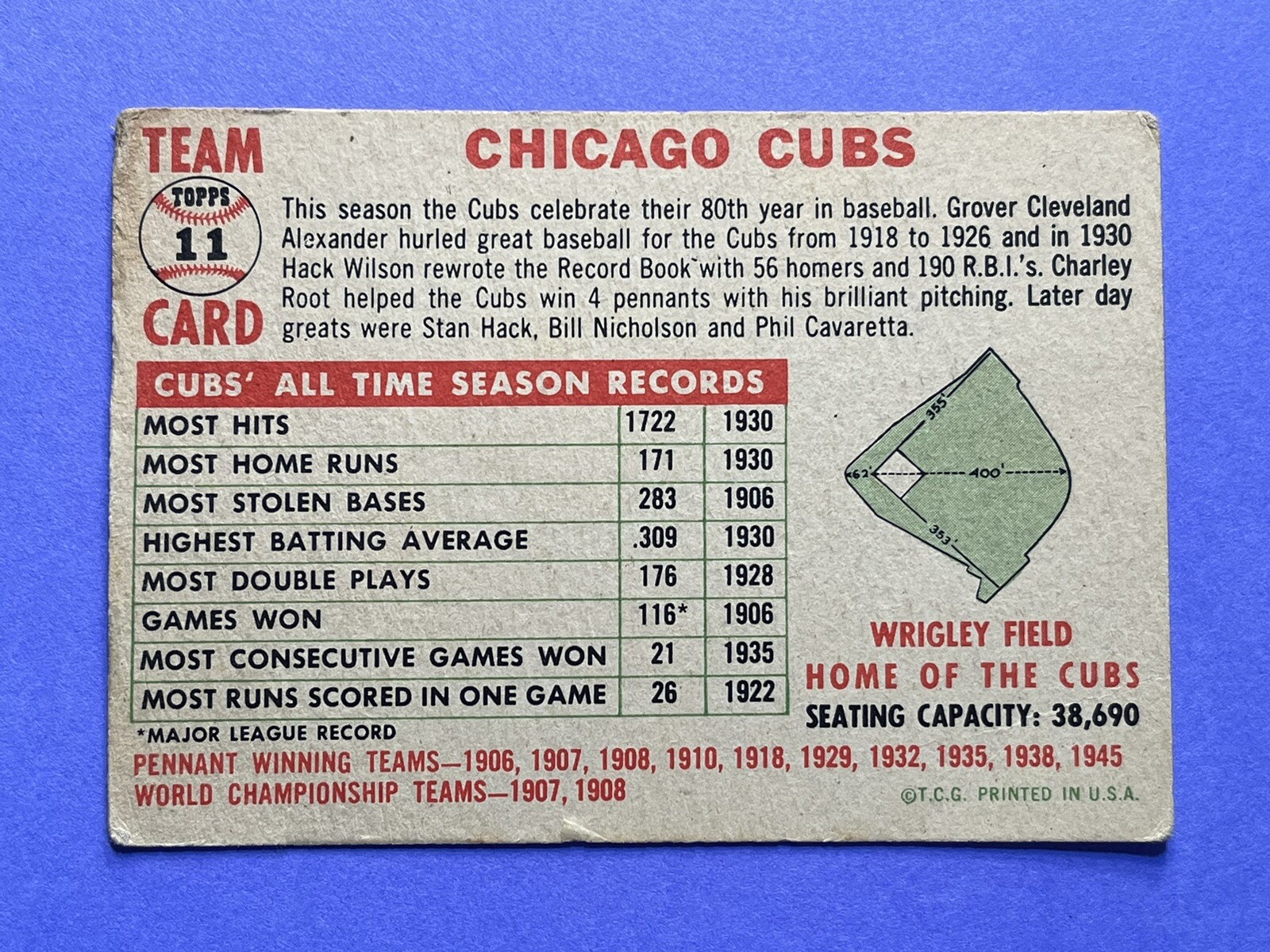 1956 Topps Baseball 11 Chicago Cubs Team Card Poor to Fair Vintage Low