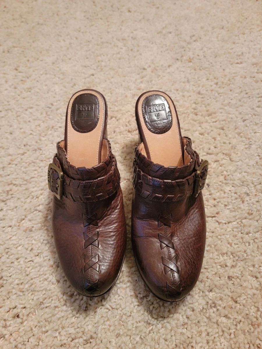 Brown leather clog heels cheap