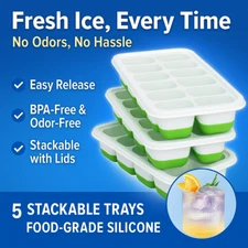 5 Pack Silicone Ice Cube Tray with Lid Easy Release Stackable BPA Free Freezer