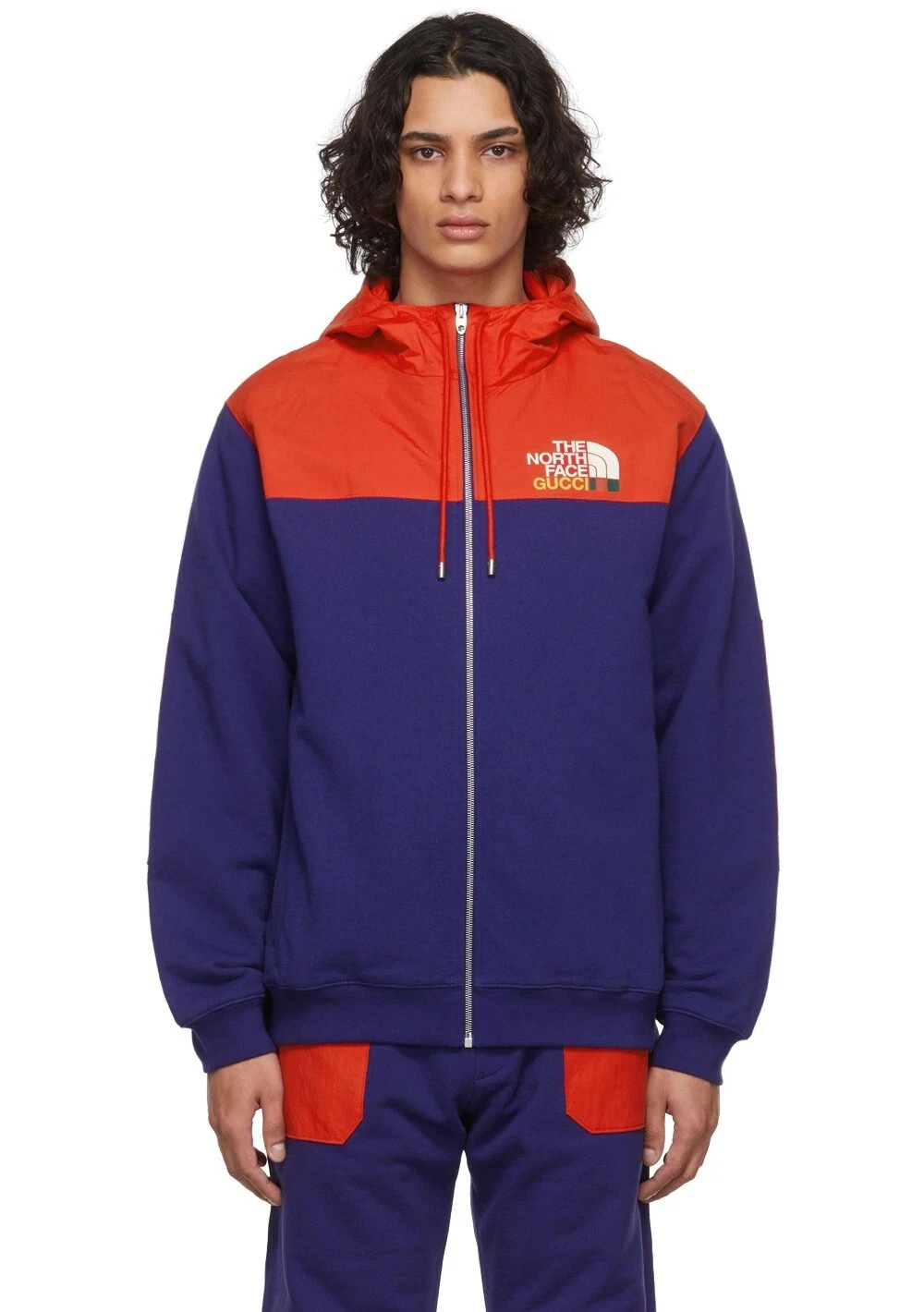 Giacca track GUCCI x THE NORTH FACE blu e rossa stampa logo cerniera media autentica