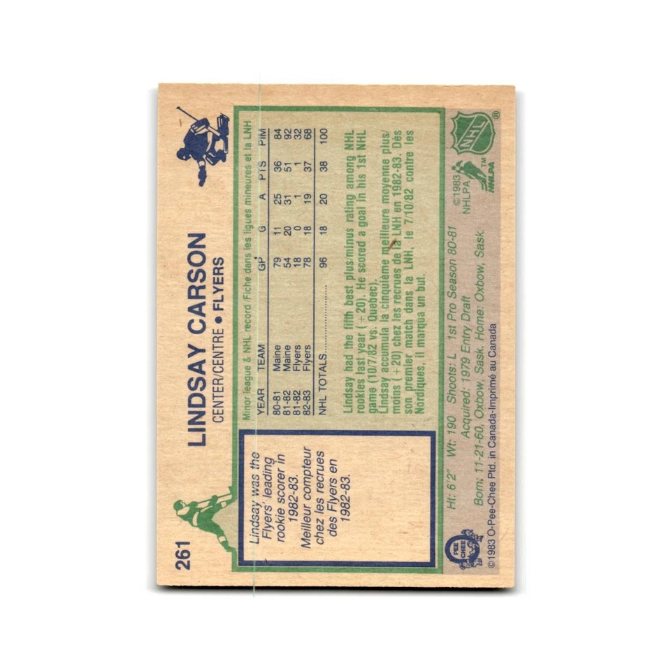 1983 O-Pee-Chee Lindsay Carson RC Philadelphia Flyers #261 - Image 2 of 3