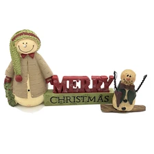 Lot of 2 Vtg Suzi Skoglund Blossom Bucket Christmas Snowman Primitive Figurines 