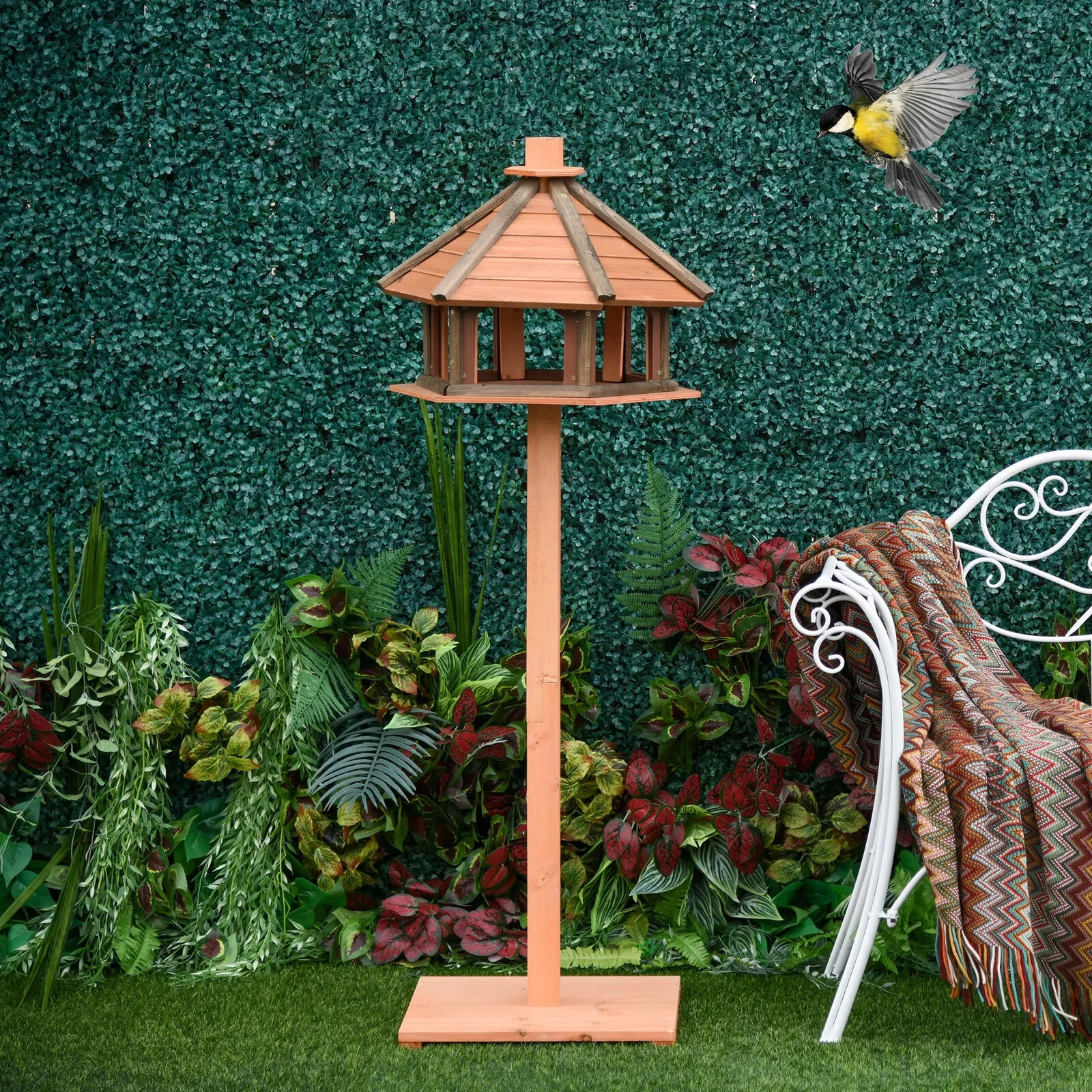 Wooden Bird Feeder Wooden Bird Table Bird Feeder with Roof, Brown 130cm