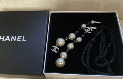 CHANEL Lariat Necklace Black Cord White 