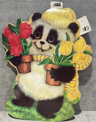 Vintage Eureka Die Cut Spring Easter Panda Bear Tulip 2 Sided Print 16'' x 12.75 