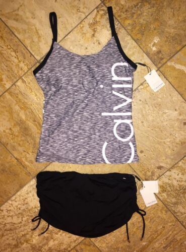 NWT $170 Calvin Klein Black Gray Logo Skirted Tankini Swimsuit 2pc Set Women's S - Picture 1 of 7