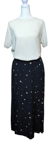 Vintage Carlisle Silk Pleated Black Polka Dot Maxi Skirt Retro Size 12 Side Zip - Picture 2 of 8