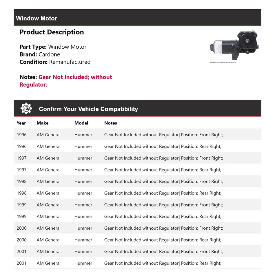 For 1996-2001 AM General Hummer Window Motor Cardone 1997 1998 1999 2000 - Image 2 of 4
