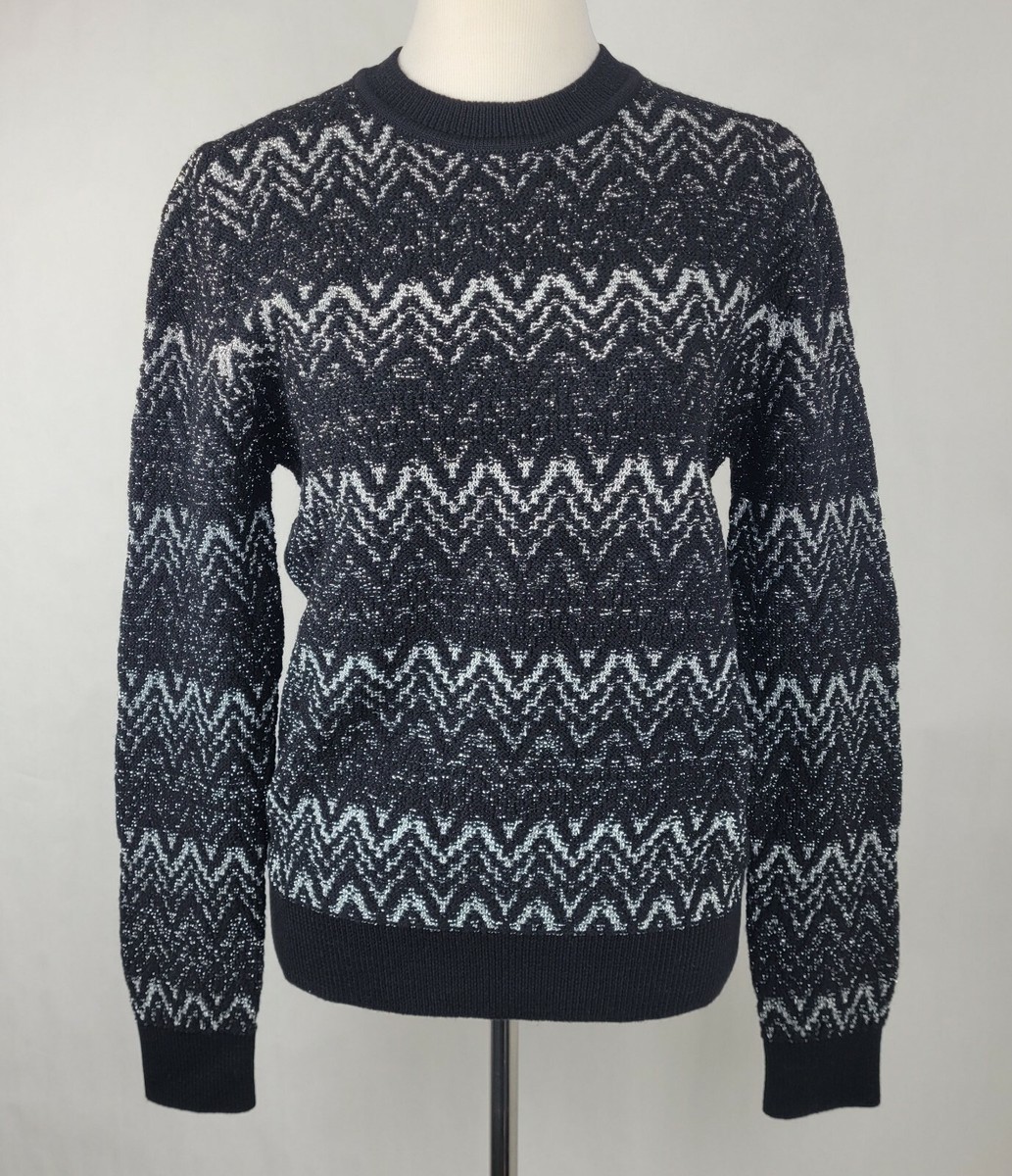 $1100 Saint Laurent Unisex Black Silver Wool Zig Zag Lurex Sweater
