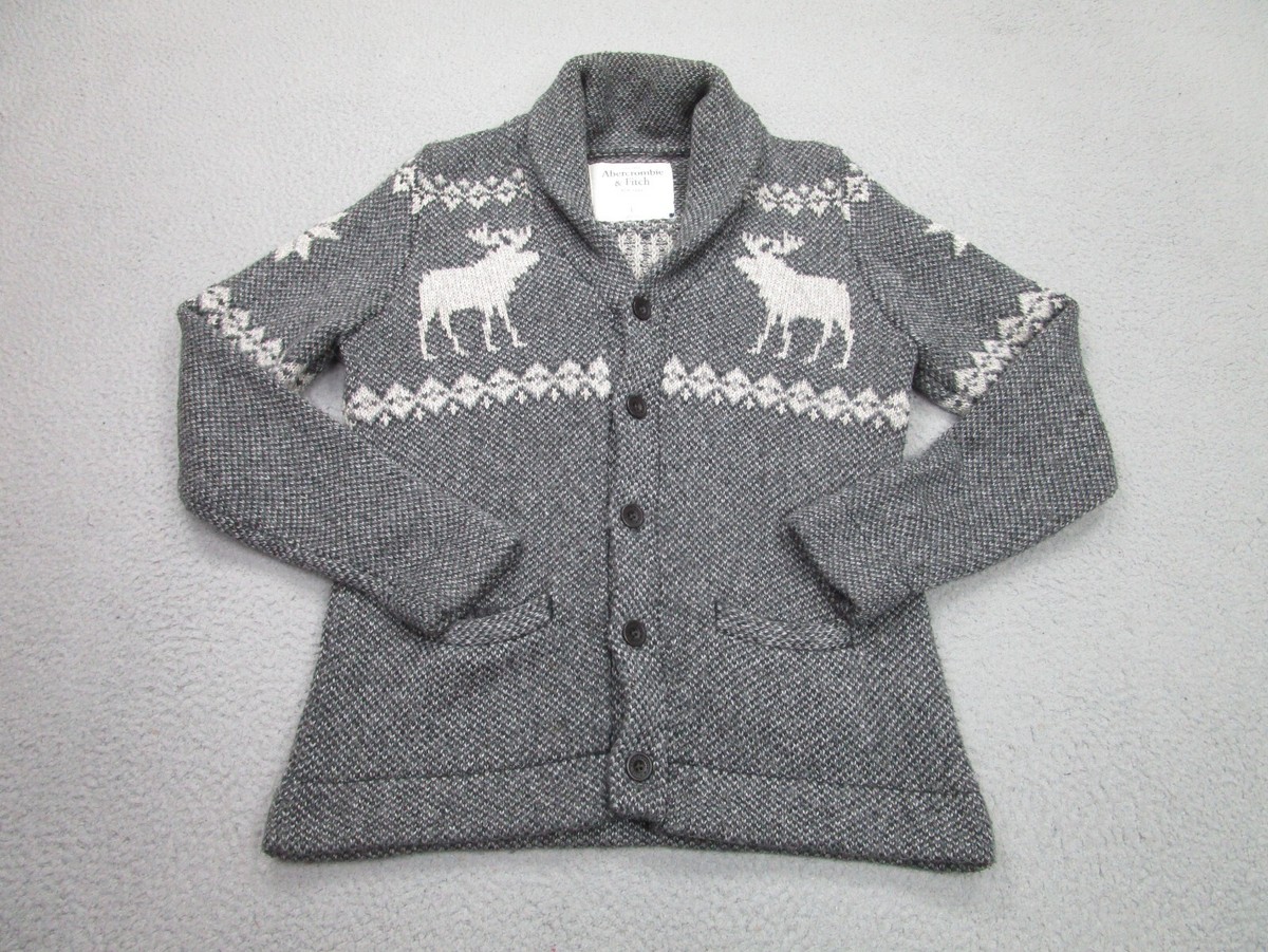 Abercombie Fitch Sweater Mens L Black Gray Fair Isle Moose Cardigan Knit  Shawl
