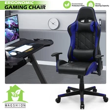 Blue[LUMBAR SUPPORT+HEADREST]Gaming Racing Chair Office Computer Reclinable Seat