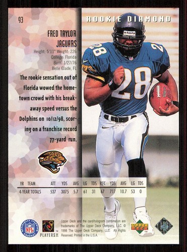 1998 Black Diamond Rookies #93 Fred Taylor RC - Picture 2 of 2