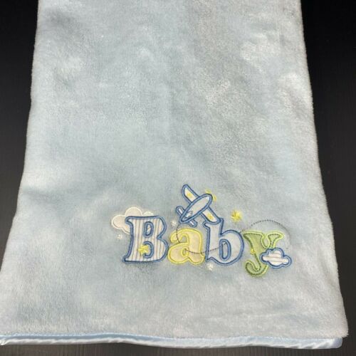 Spa Silk Blue Baby Blanket Embroidered Baby Airplane Clouds  Stars Satin Trim - Zdjęcie 1 z 5