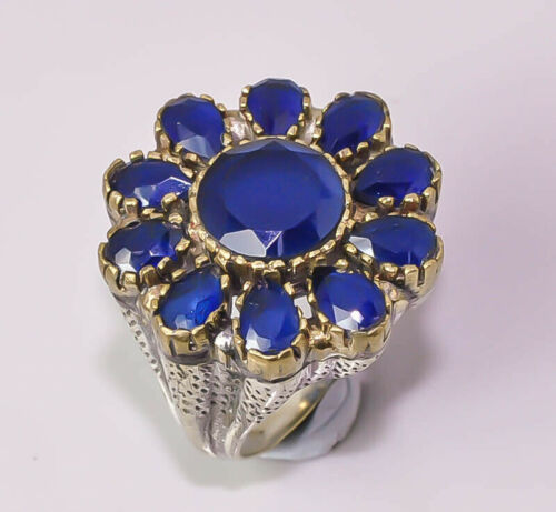 Blue Sapphire Faceted Handmade Jewelry 925 Antique Gold Plated Band Ring 8 - Afbeelding 1 van 1