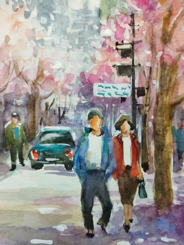 Cherry Blossom cityscape landscape art Original watercolor painting Wall art - Picture 3 of 6