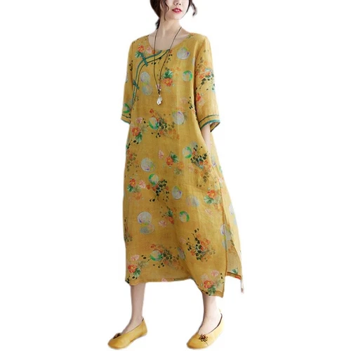 Women Linen Cotton Dress 3/4 Sleeve Ethnic Chinese Ethnic Cheongsam Qipao Retro - Picture 1 of 13