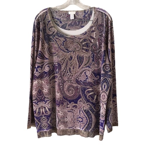Chico's Women's Velvet Top Sweater Size 3 Paisley Floral Boho Metallic Embellish