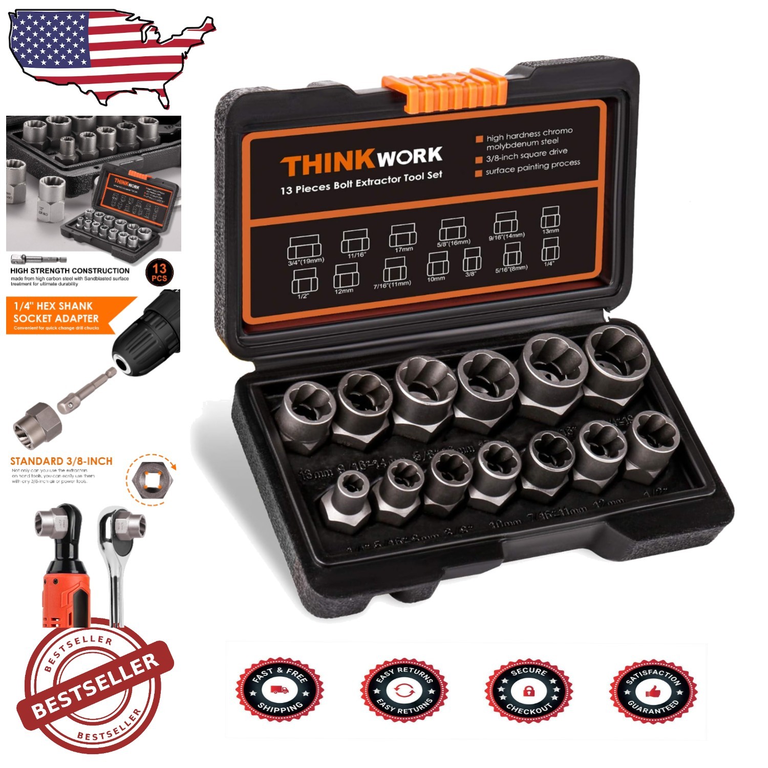 3/8 Inch Drive Bolt Extractor Set for Stuck and Rusted Fasteners