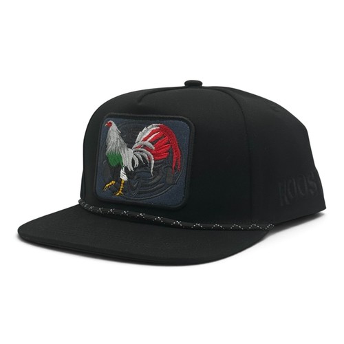 Rooster Cock Gallo Flat Bill Adjustable Snapback Hat w/ Rope Black