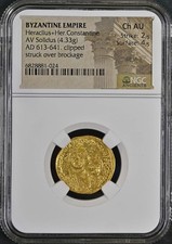 VERY RARE Byzantine Empire Gold Solidus AD 613-641 Struck Over Brockage NGC AU