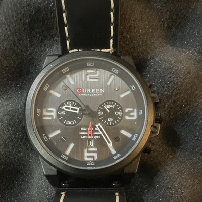 CURREN Men's Quartz Chronograph 24-Hour Black Dial Black Leather Wristwatch