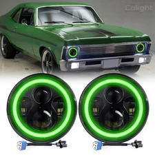 Fit Chevy II/Nova 1969-1979 Pair 7" inch Led Headlights High-Low Green Halo Beam