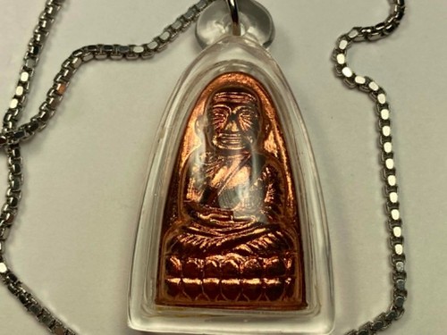 Solid Copper Thai Buddha Amulet in acrylis Case and 24" Non-tarnish Necklace