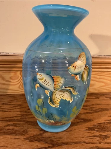 Fenton BLUE LAGOON OPALESCENT "GOOD FORTUNE" FISH VASE**QVC...2009