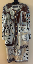 LOUIS FERAUD VINTAGE SKIRT SUIT TEXTURED COTTON IN ART PRINT LONG BLAZER 14-12
