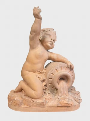 Colain, important putto à l'amphore en terre cuite, XIXe siècle - Photo 1/4