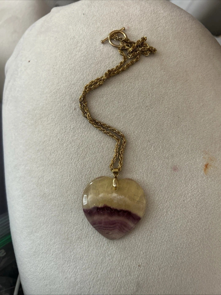 18k CP Marked Large Amethyst candy Fluorite heart Gold Plated Rope Necklace - Image 4 of 4