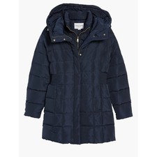 Cole Haan Womens L Hooded Down Feathered Jacket Parka Navy Baffle Box Quilted