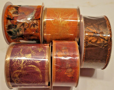 Fall Thanksgiving Wired Ribbon Lot of 5 Rolls Pumpkin Leaves Copper Gold NEW