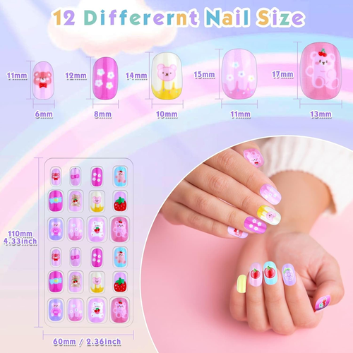 "168 Pcs Kids Press On Nails Set, Assorted Colors & Patterns - Easy Application" - Picture 4 of 10