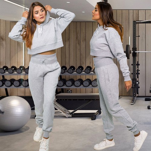 Women's Co-Ord Crop-Top Hoodie & Joggers Sweatpant Loungewear Ladies Tracksuit - Picture 49 of 90
