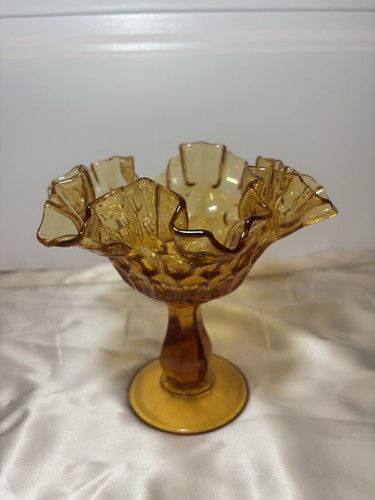 Vintage Fenton Thumbprint Amber Glass Ruffled Edge Footed Compote Candy Dish - Picture 3 of 3