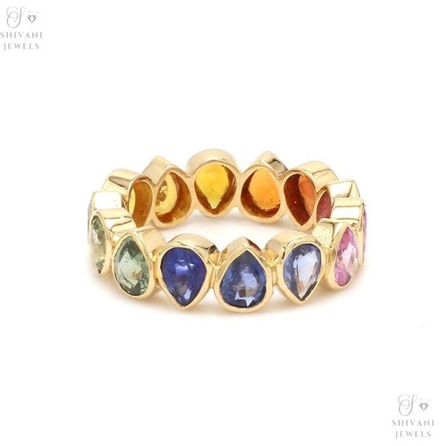 Certified Rainbow Multi Sapphire Gemstone Band In Solid 14k Gold Eternity Ring