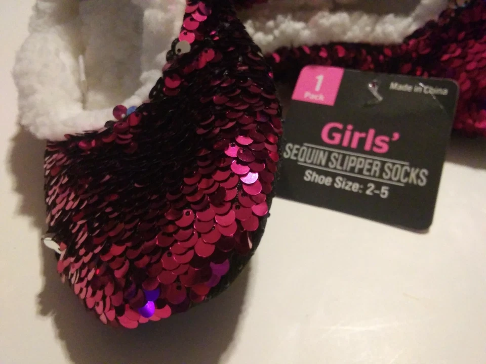 Calcetines deportivos con lentejuelas abatibles para niñas - Rosa intenso/plateado de piel sintética - Zapato L/XL Talla 2-5 Foto 2 de 4