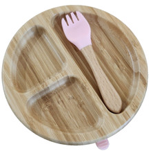 Baby Bamboo Suction Plate with Fork in Pink, Toddler plate