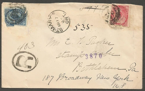 1900 St Mary's Ontario to USA Registered Cover 7c Numerals Multi CDS