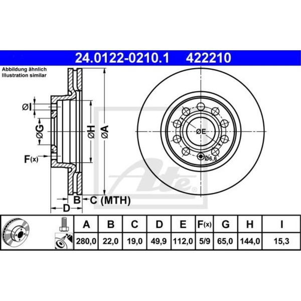 ATE 2X Bremsscheibe Vorne Ø280 Mm BelüFtet FüR VW Golf V 1K1 1.4 16V 1.6 5K1-image