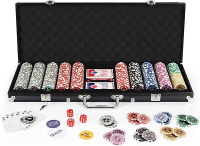 500 Chips Texas Holdem Set mit Alukoffer, 2 Decks Karten, Händler, Blinds, 5 Würfel