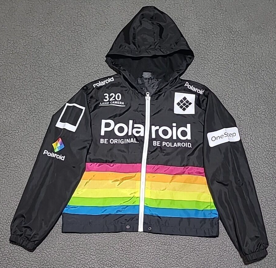 Polaroid Windbreaker Mens M Black Hooded Full Zip 320 Land Camera