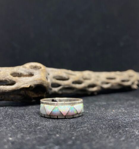 Native American Zuni inlay white fire opal Sterling Silver band ring size 9.5