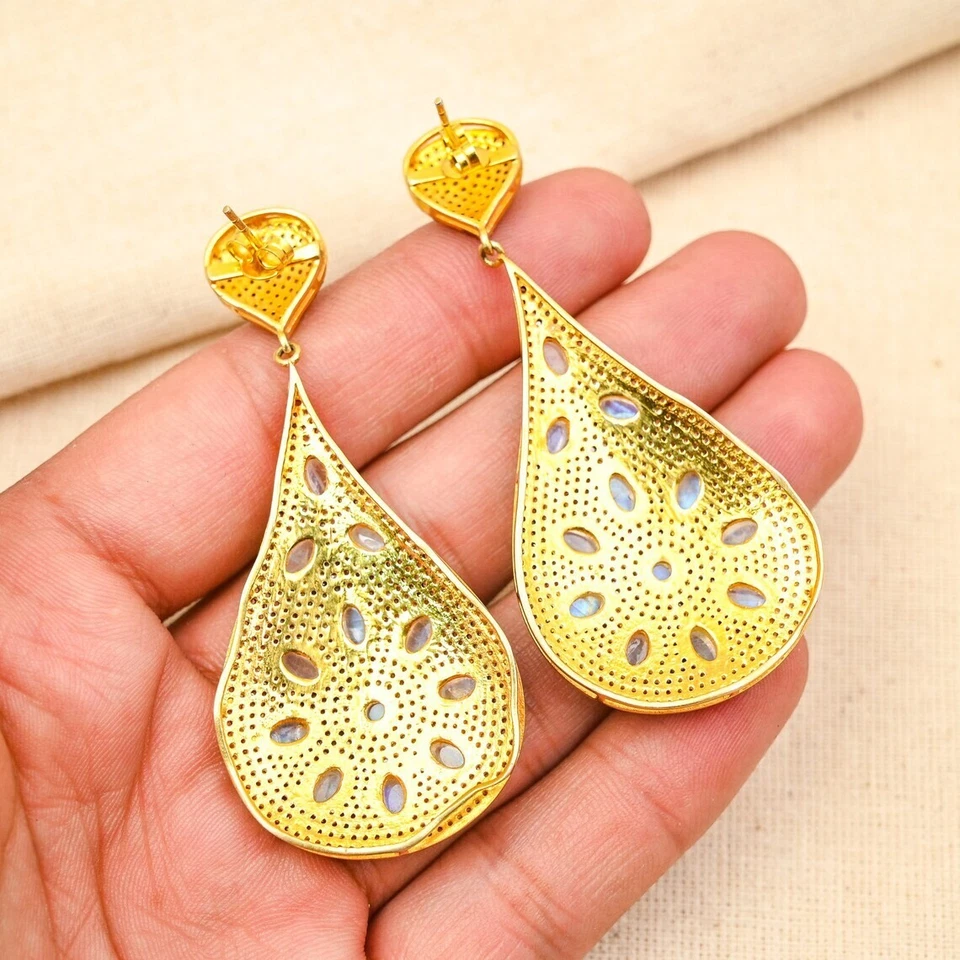 Pendientes de piedra lunar arco iris con diamantes pavé en plata 925, pendiente único, regalo Foto 3 de 4