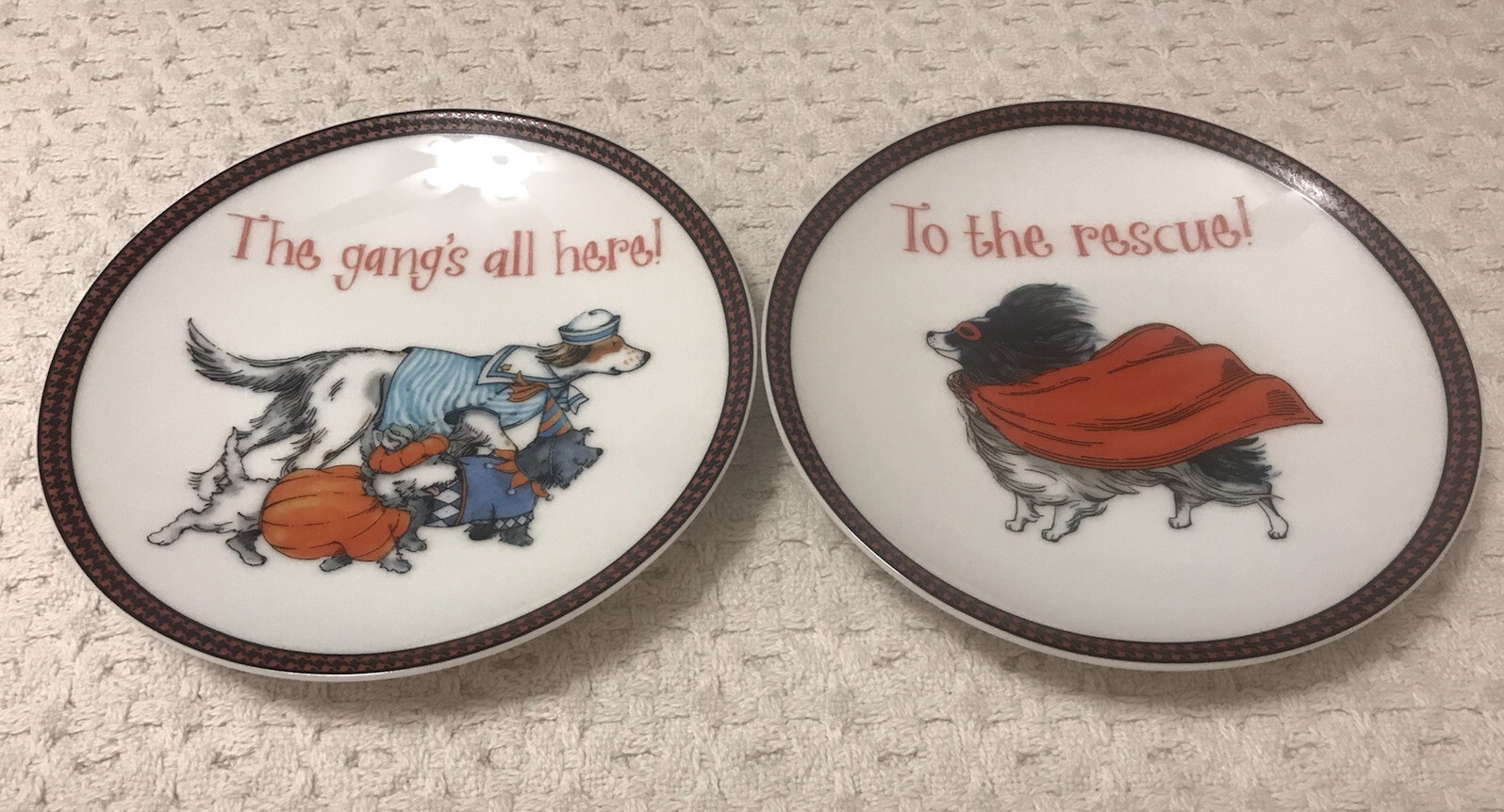 Pier 1 Imports Porcelain Plates Dogs Puppies In Costumes Set Of 2 Halloween