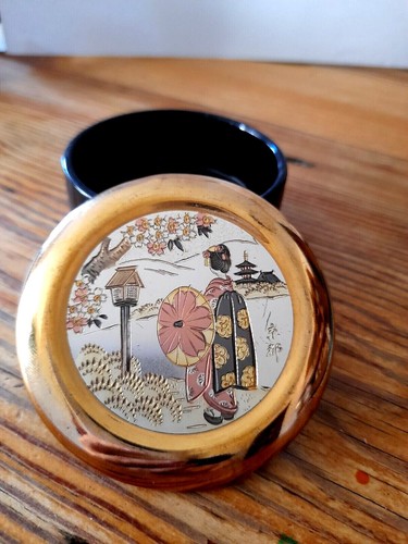 Vintage Chokin Japanese Trinket Box Black Gold Porcelain - Geisha Design - Picture 4 of 8