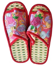 Red Floral Embroidered Shoe Slipper With Pink Flower and Rubber Sole