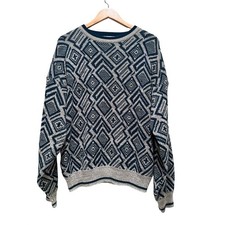 Vintage 90s Geometric Knit Sweater Teal Gray Grandpa Core Oversized Large